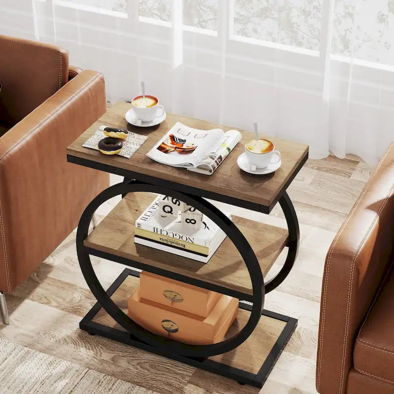 Table d'appoint étroite avec 3 étagères de rangement, Table d'appoint en bois pour salon