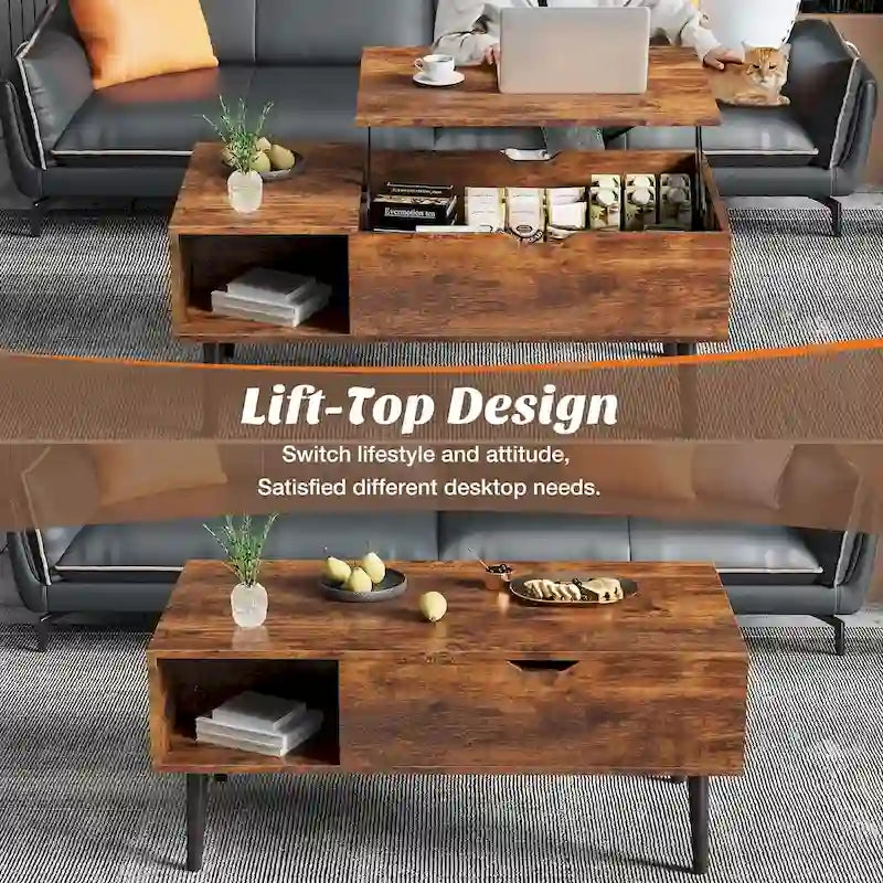 Tables basses relevables pour salon, petites tables de salle à manger relevables en bois avec étagère de rangement et compartiment caché