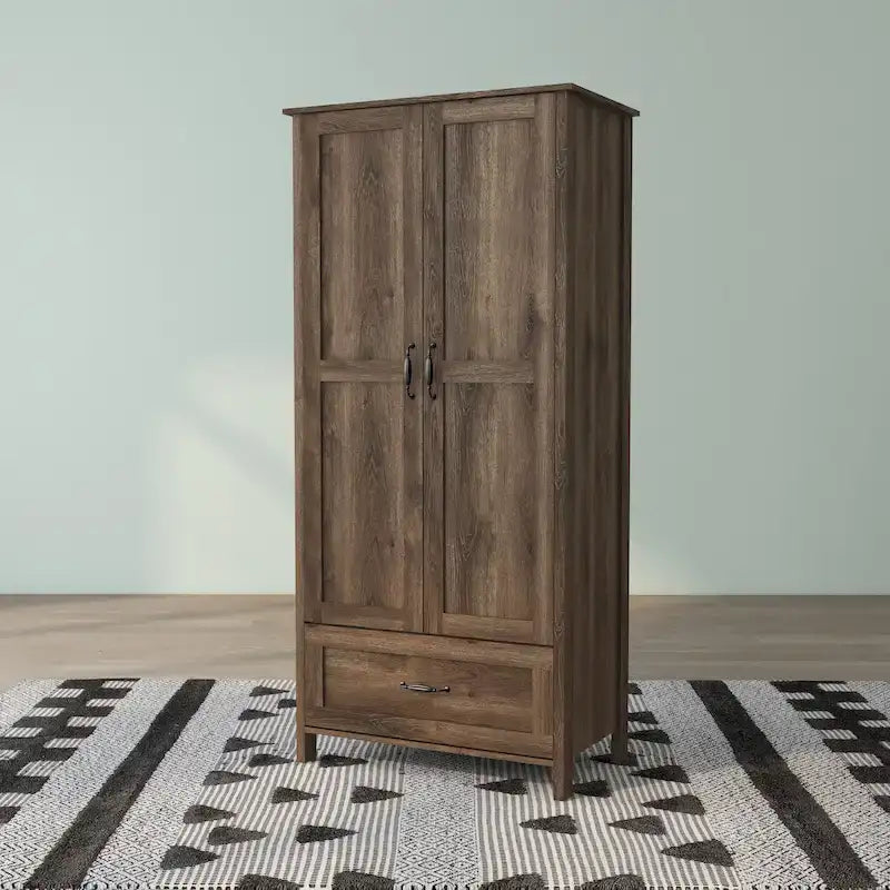 Armoire double porte en noyer vieilli de style rustique avec 1 tiroir.