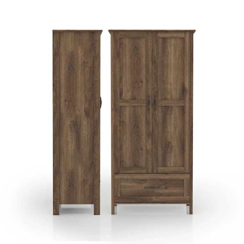 Armoire double porte en noyer vieilli de style rustique avec 1 tiroir.