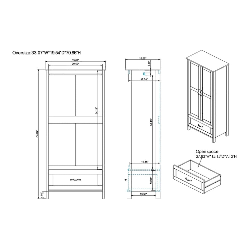 Armoire double porte en noyer vieilli de style rustique avec 1 tiroir.