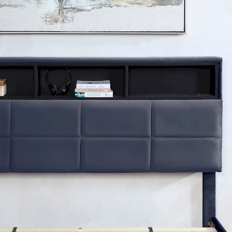 Lit capitonné gris avec port USB et rangement