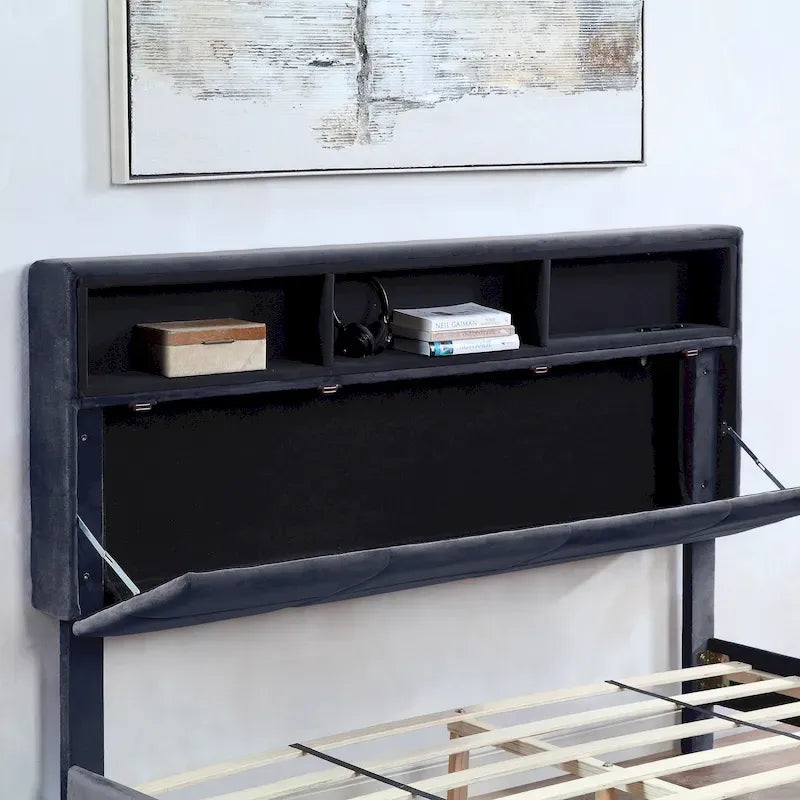 Lit capitonné gris avec port USB et rangement