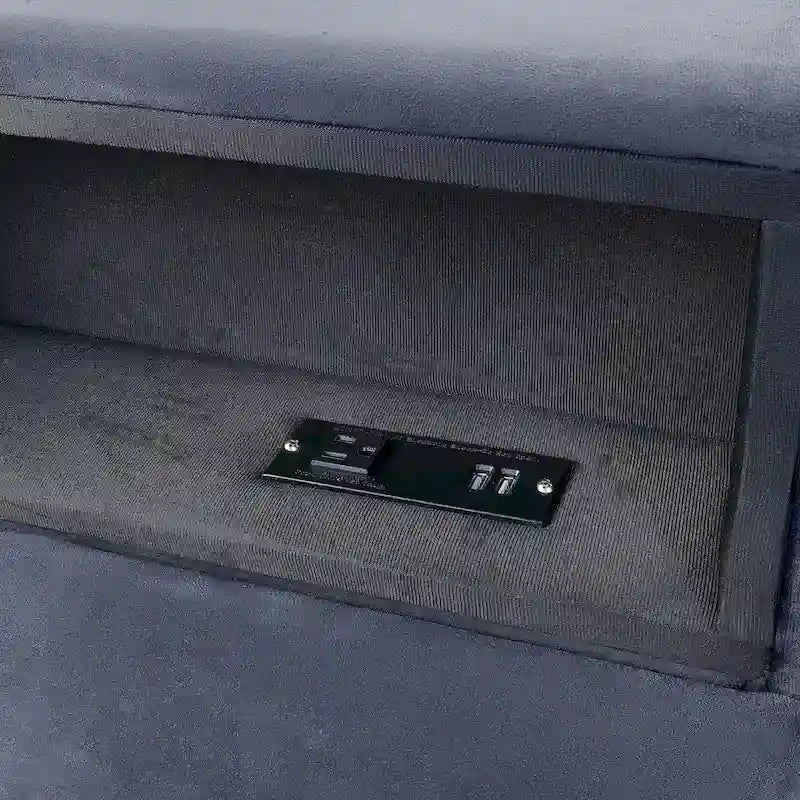 Lit capitonné gris avec port USB et rangement