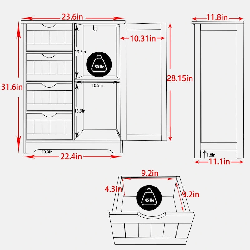 Meuble de rangement de salle de bain à poser avec 4 tiroirs