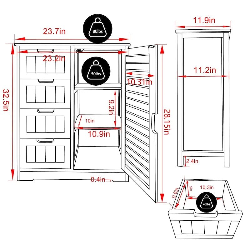 Meuble de rangement de salle de bain à poser avec 4 tiroirs