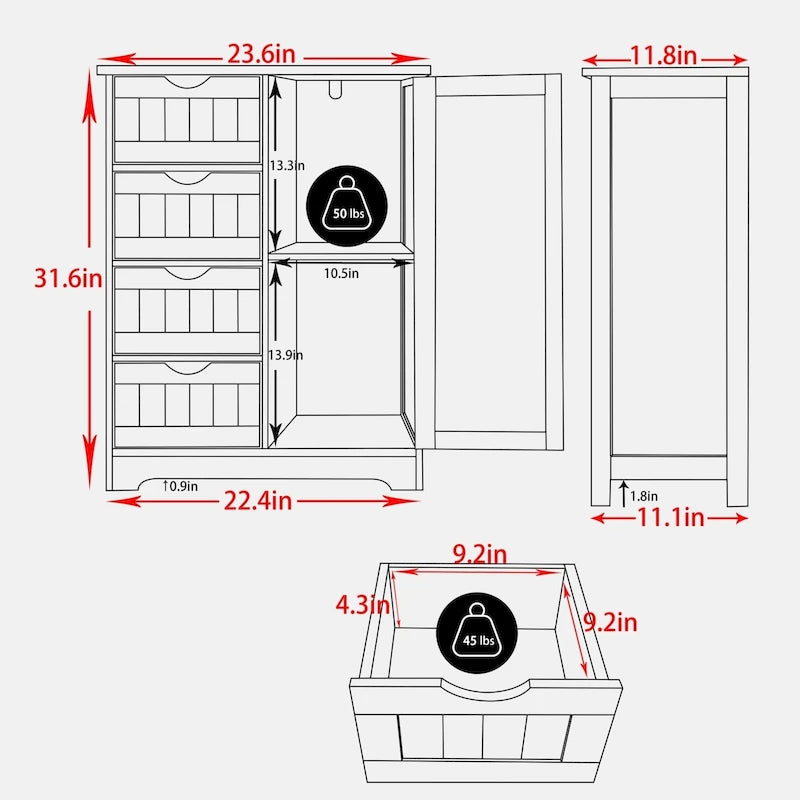 Meuble de rangement de salle de bain à poser avec 4 tiroirs