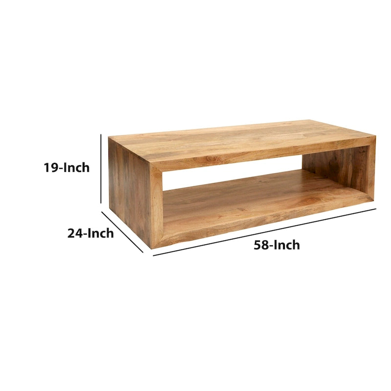 Table basse en bois de manguier de 1 pouce, cube ouvert, étagère unique, marron naturel