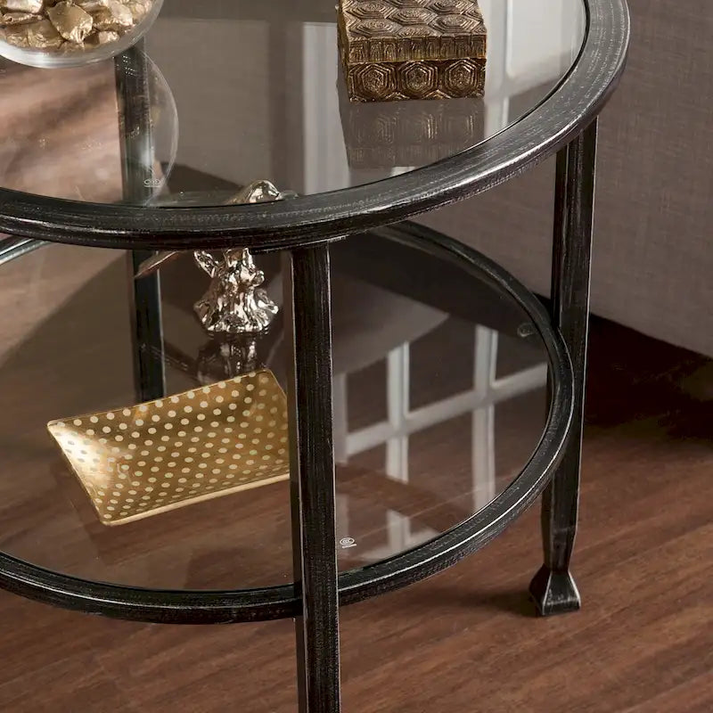 Table d'appoint ronde en métal noir vieilli avec plateau et étagère en verre