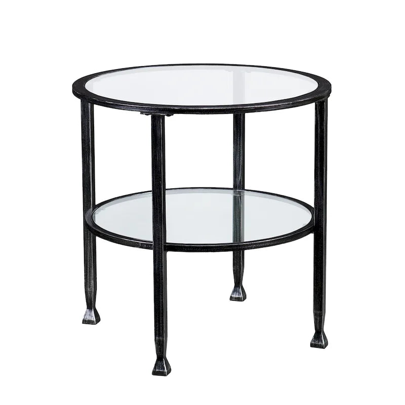 Table d'appoint ronde en métal noir vieilli avec plateau et étagère en verre