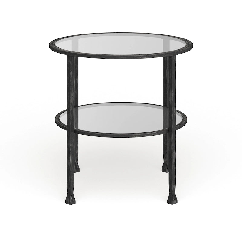 Table d'appoint ronde en métal noir vieilli avec plateau et étagère en verre