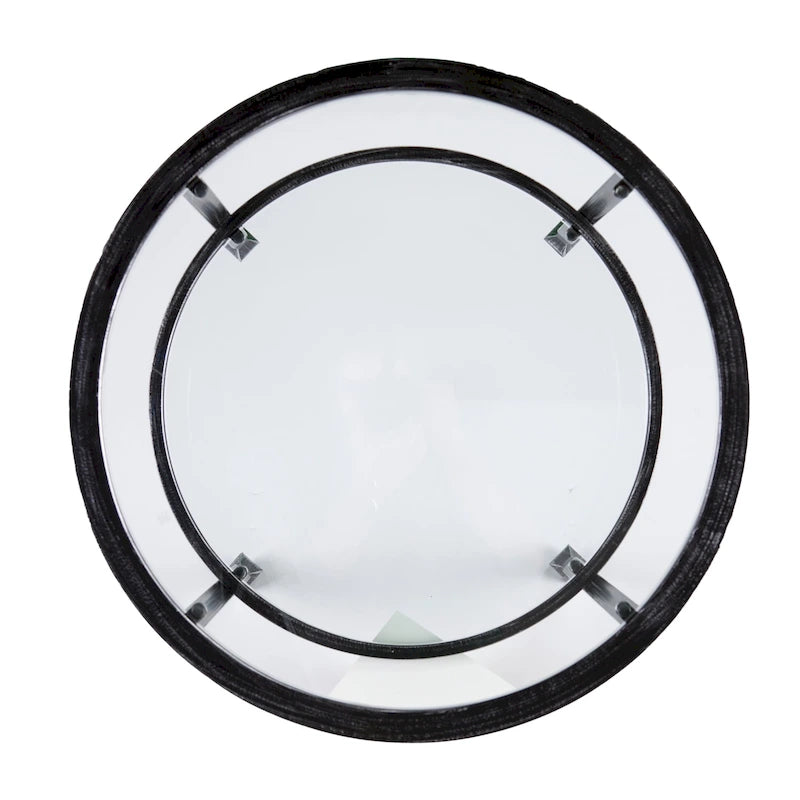 Table d'appoint ronde en métal noir vieilli avec plateau et étagère en verre