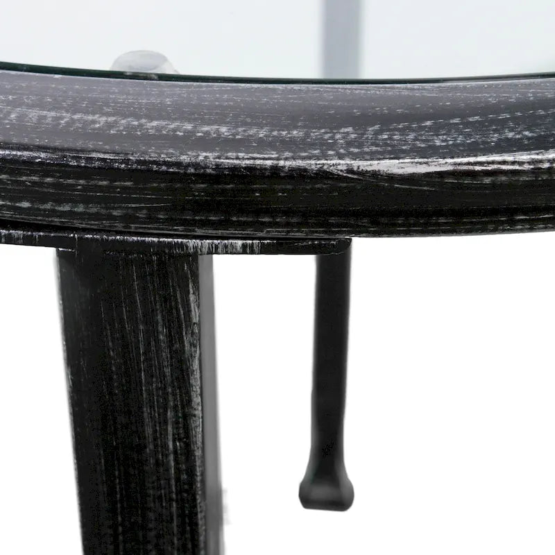 Table d'appoint ronde en métal noir vieilli avec plateau et étagère en verre