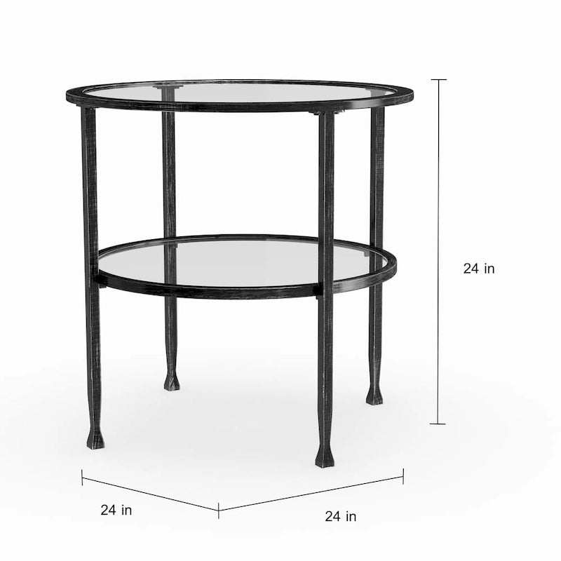Table d'appoint ronde en métal noir vieilli avec plateau et étagère en verre