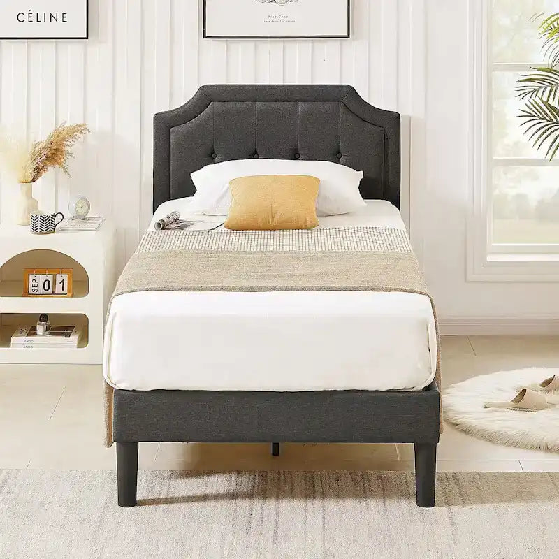 Cadre de lit moderne rembourré Javlergo avec hauteur de tête de lit réglable ; aucun sommier tapissier requis.