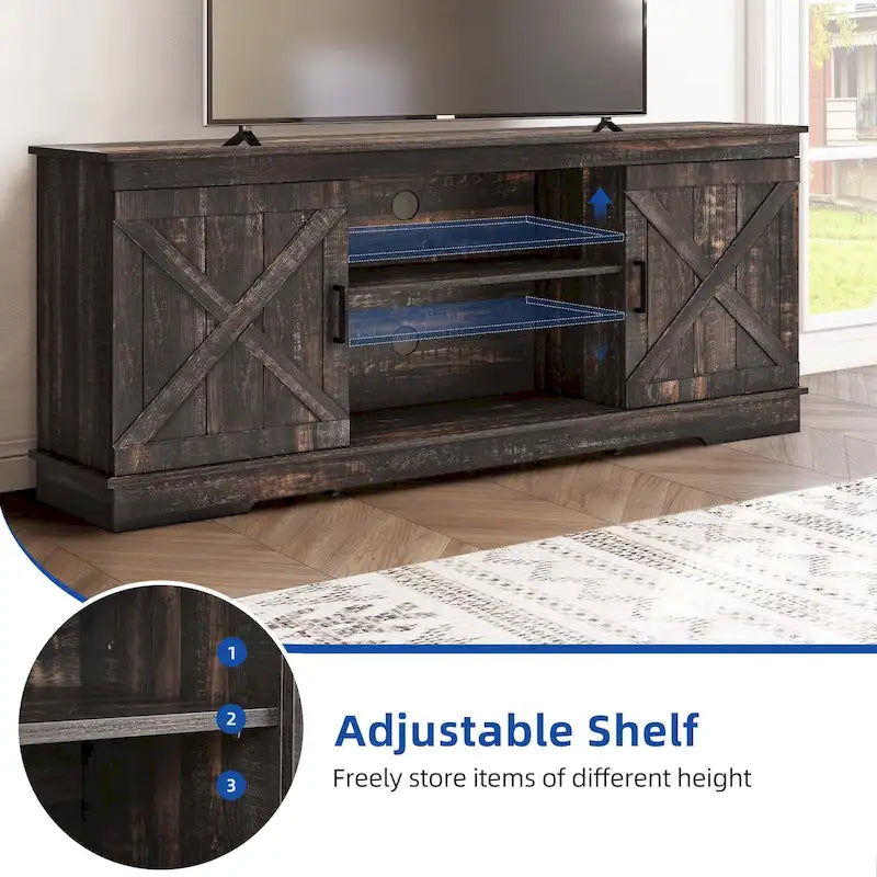 Meuble TV de style rustique avec porte de grange, console de contrôle média, centre de divertissement et meubles de rangement.