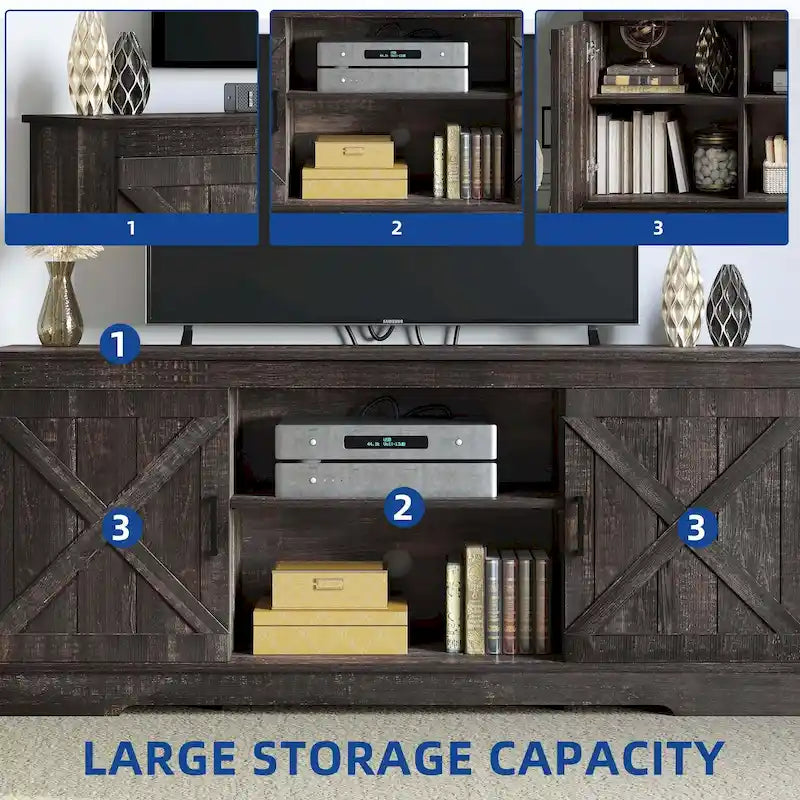 Meuble TV de style rustique avec porte de grange, console de contrôle média, centre de divertissement et meubles de rangement.