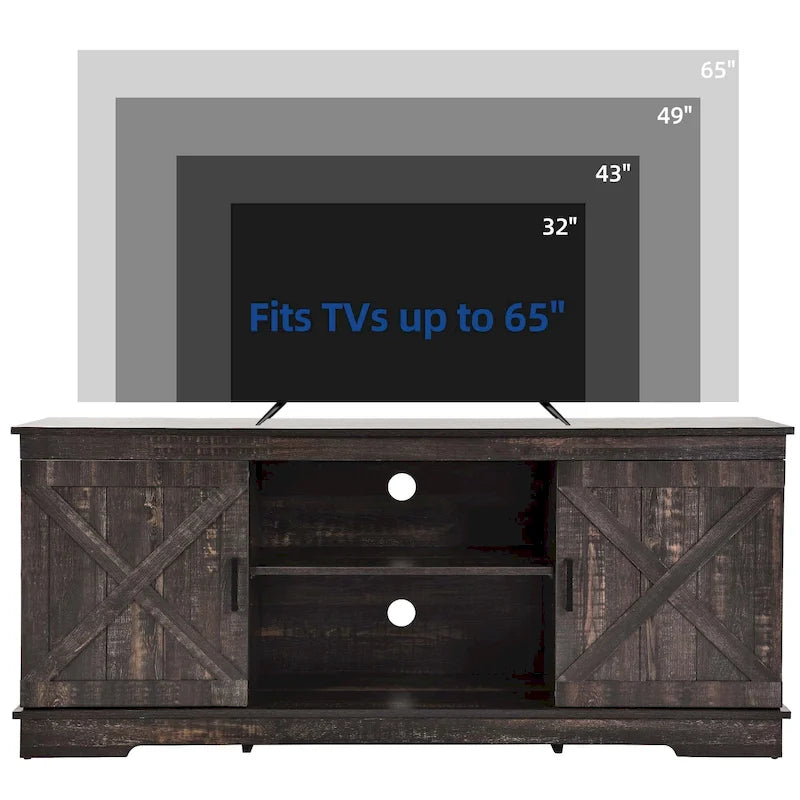 Meuble TV de style rustique avec porte de grange, console de contrôle média, centre de divertissement et meubles de rangement.