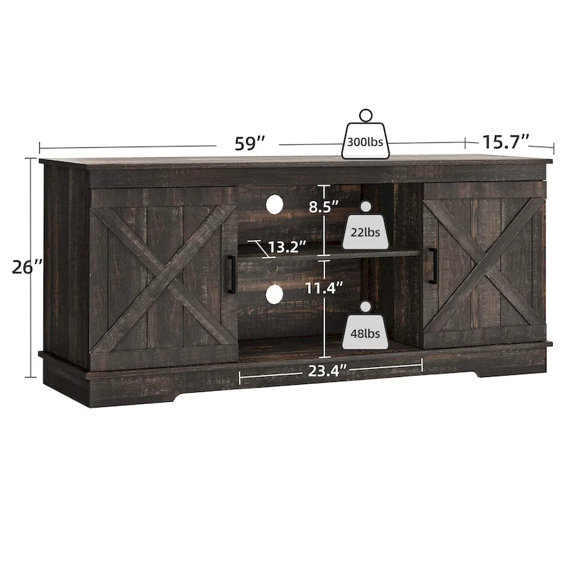 Meuble TV de style rustique avec porte de grange, console de contrôle média, centre de divertissement et meubles de rangement.