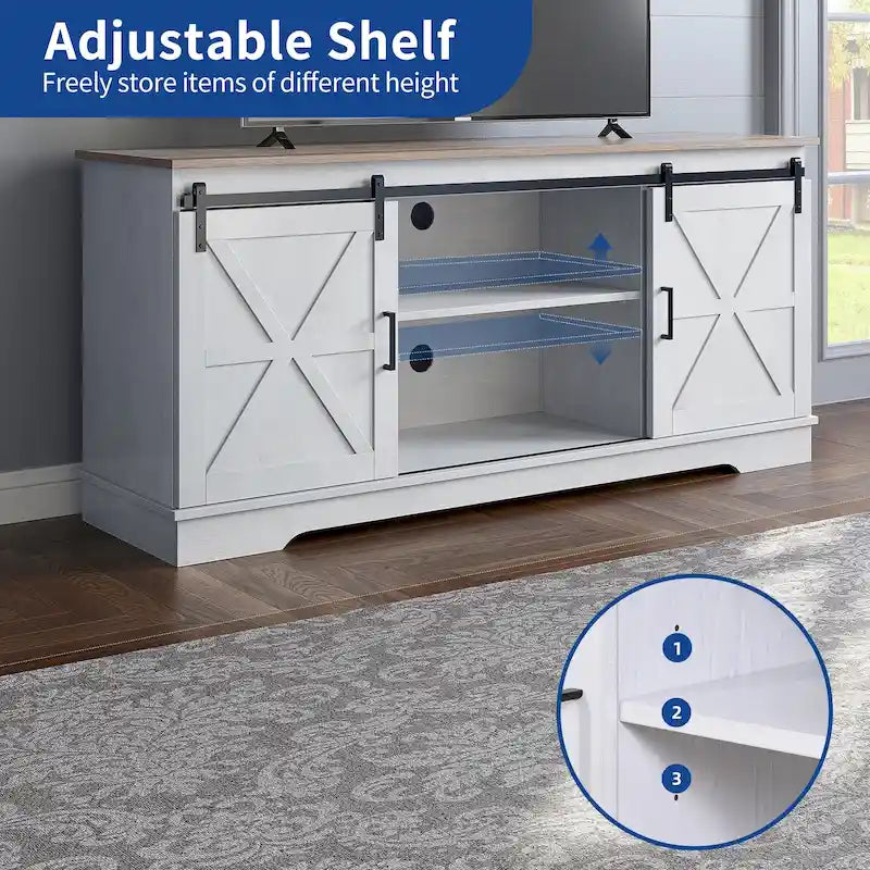 Meuble TV de style rustique avec porte de grange, console de contrôle média, centre de divertissement et meubles de rangement.