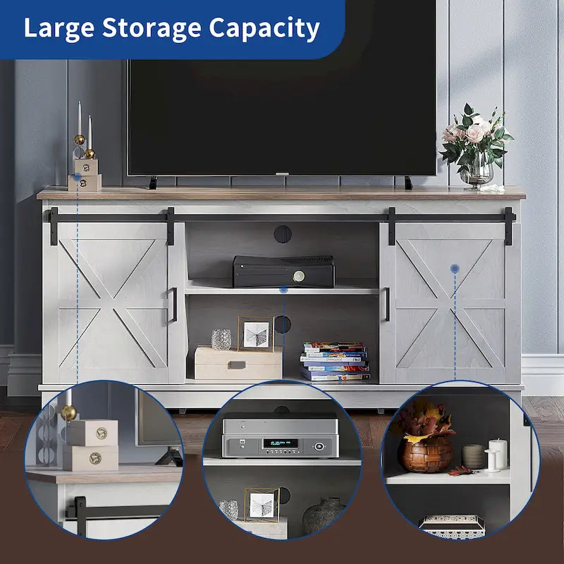 Meuble TV de style rustique avec porte de grange, console de contrôle média, centre de divertissement et meubles de rangement.