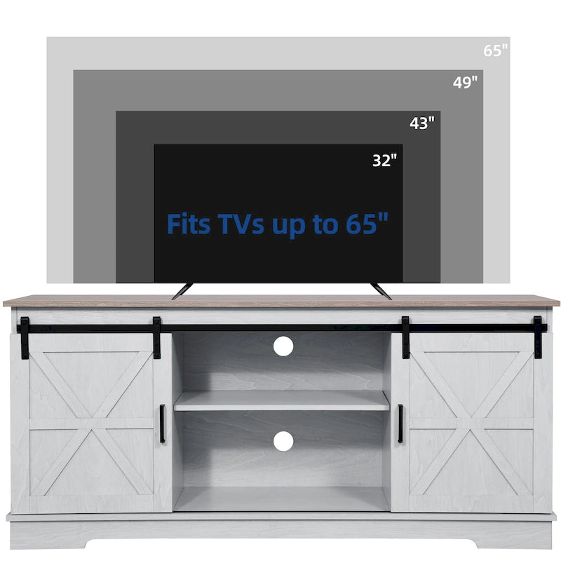 Meuble TV de style rustique avec porte de grange, console de contrôle média, centre de divertissement et meubles de rangement.