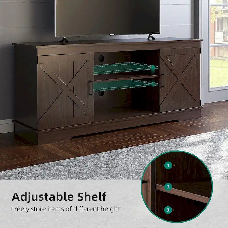 Meuble TV de style rustique avec porte de grange, console de contrôle média, centre de divertissement et meubles de rangement.