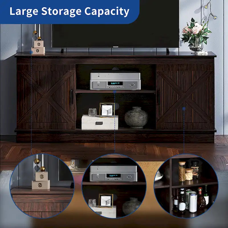 Meuble TV de style rustique avec porte de grange, console de contrôle média, centre de divertissement et meubles de rangement.