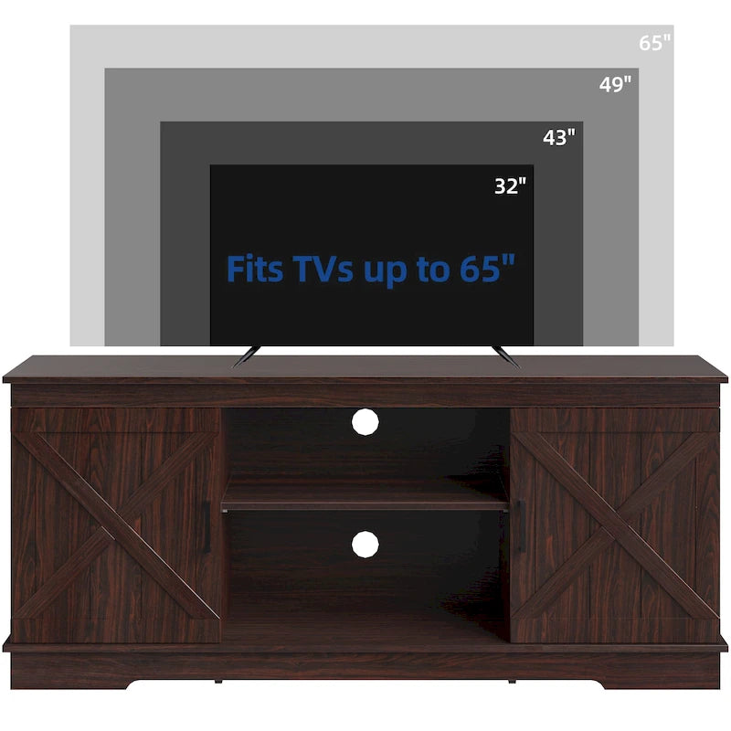 Meuble TV de style rustique avec porte de grange, console de contrôle média, centre de divertissement et meubles de rangement.