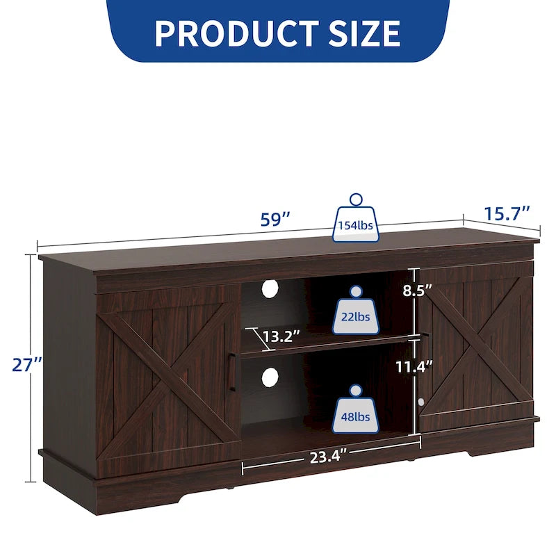 Meuble TV de style rustique avec porte de grange, console de contrôle média, centre de divertissement et meubles de rangement.