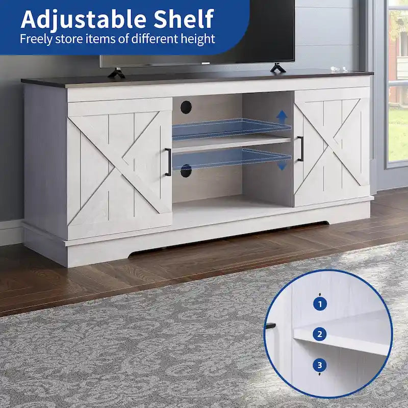 Meuble TV de style rustique avec porte de grange, console de contrôle média, centre de divertissement et meubles de rangement.