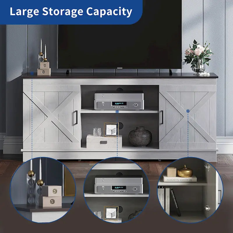 Meuble TV de style rustique avec porte de grange, console de contrôle média, centre de divertissement et meubles de rangement.