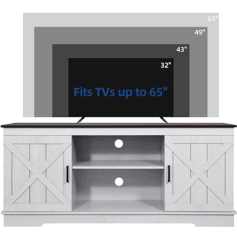 Meuble TV de style rustique avec porte de grange, console de contrôle média, centre de divertissement et meubles de rangement.