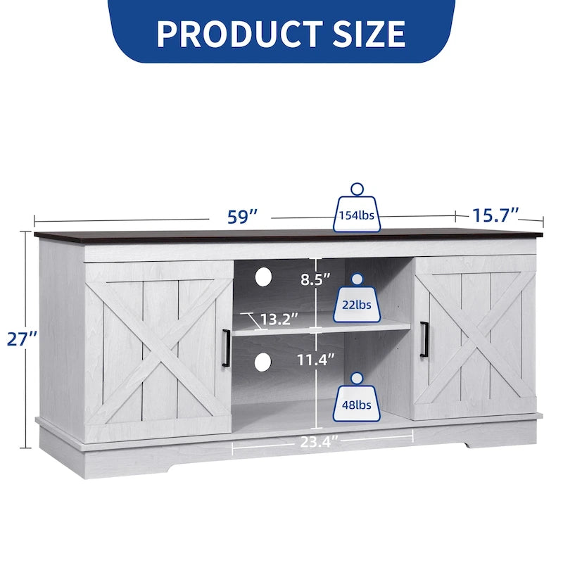 Meuble TV de style rustique avec porte de grange, console de contrôle média, centre de divertissement et meubles de rangement.