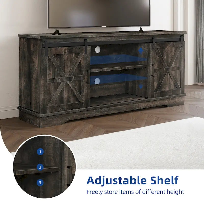 Meuble TV de style rustique avec porte de grange, console de contrôle média, centre de divertissement et meubles de rangement.