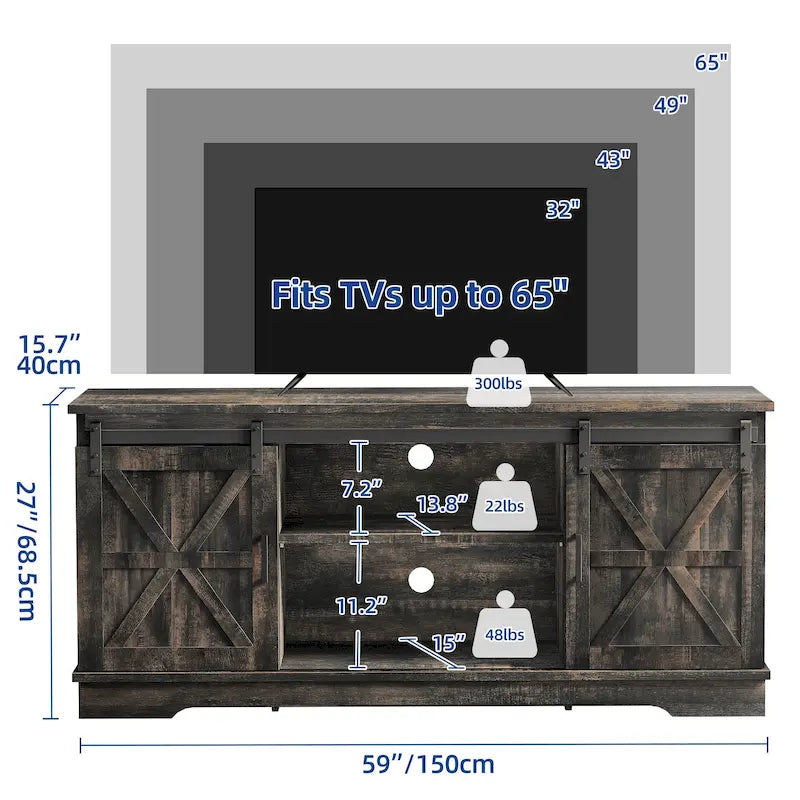 Meuble TV de style rustique avec porte de grange, console de contrôle média, centre de divertissement et meubles de rangement.