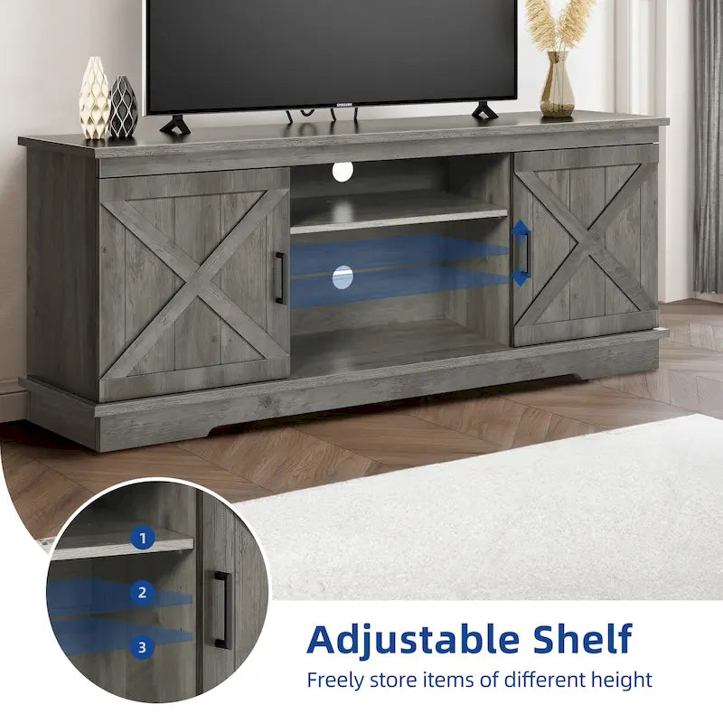 Meuble TV de style rustique avec porte de grange, console de contrôle média, centre de divertissement et meubles de rangement.