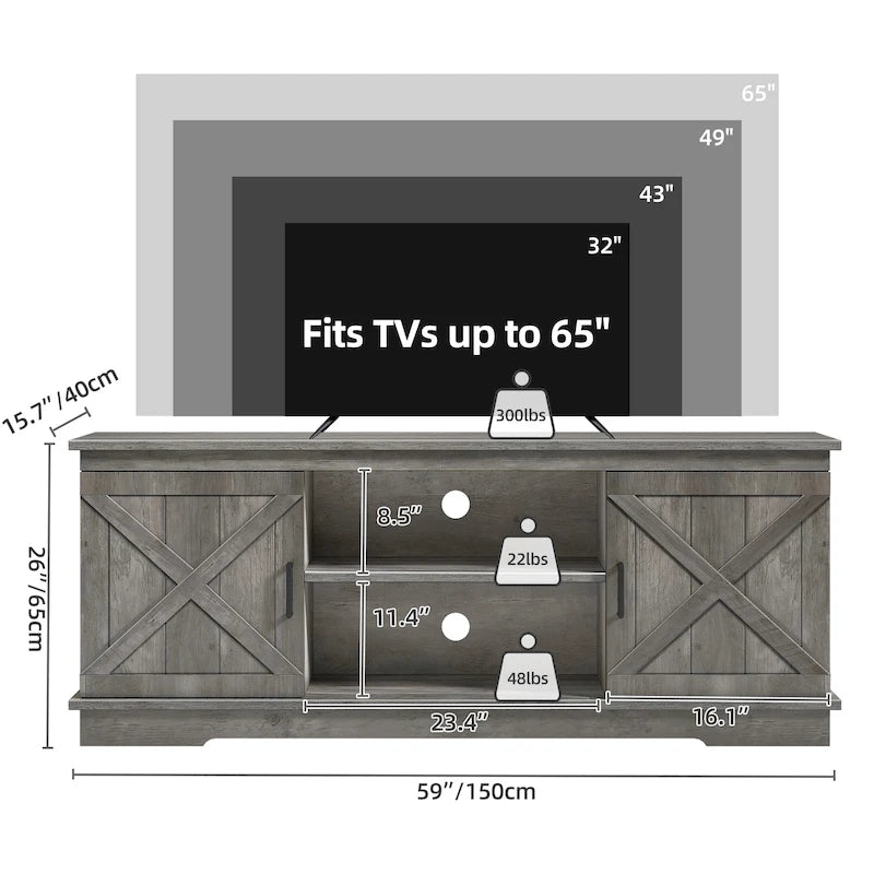 Meuble TV de style rustique avec porte de grange, console de contrôle média, centre de divertissement et meubles de rangement.
