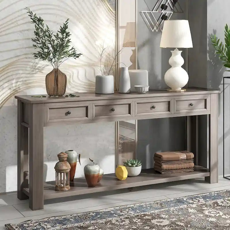 Console/Table d'appoint avec tiroirs de rangement et étagère inférieure - 63L x 14W x 30H