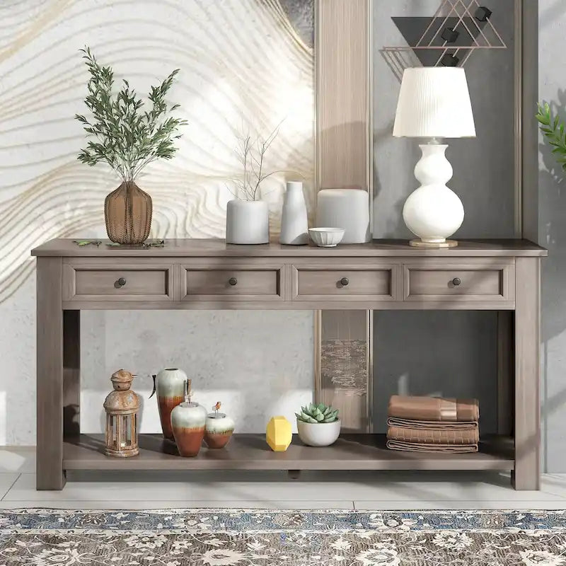 Console/Table d'appoint avec tiroirs de rangement et étagère inférieure - 63L x 14W x 30H
