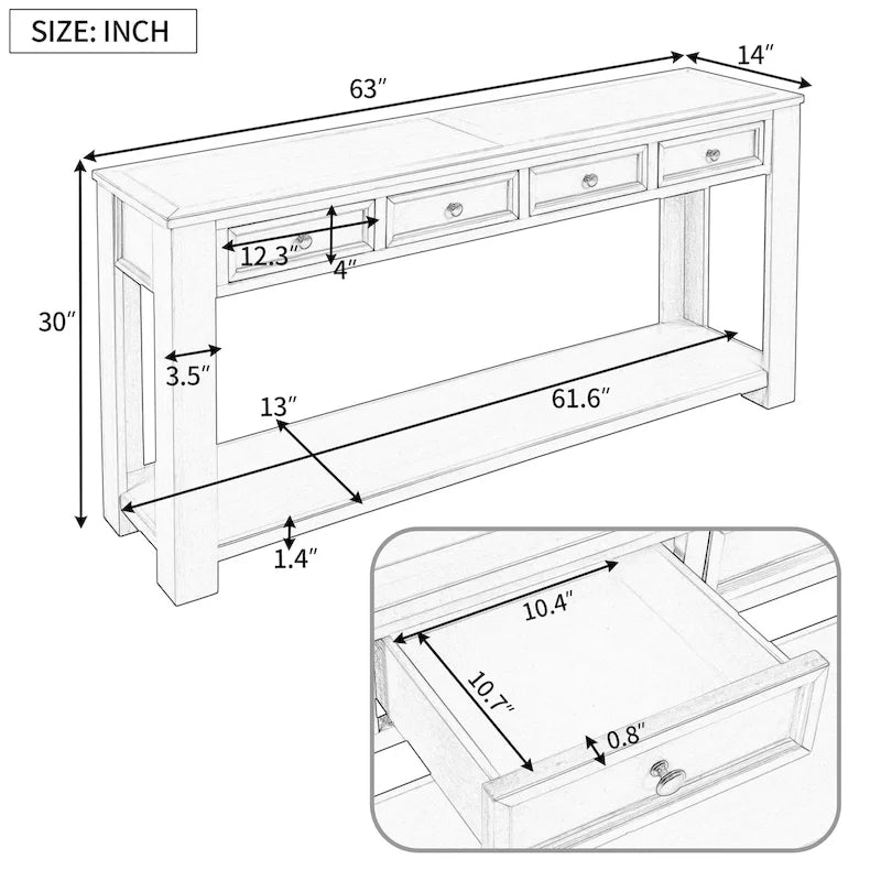 Console/Table d'appoint avec tiroirs de rangement et étagère inférieure - 63L x 14W x 30H