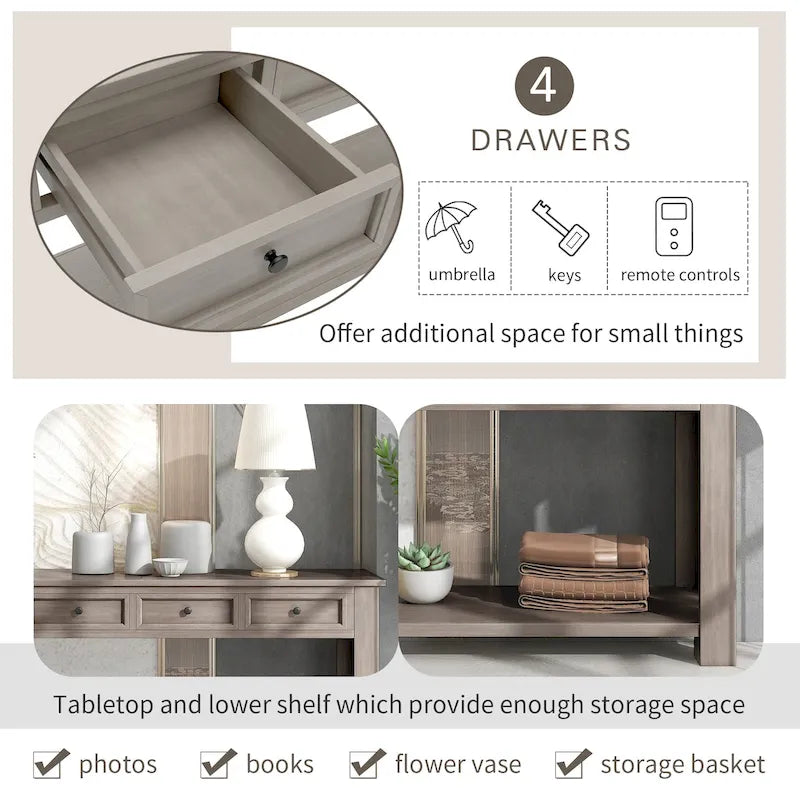 Console/Table d'appoint avec tiroirs de rangement et étagère inférieure - 63L x 14W x 30H