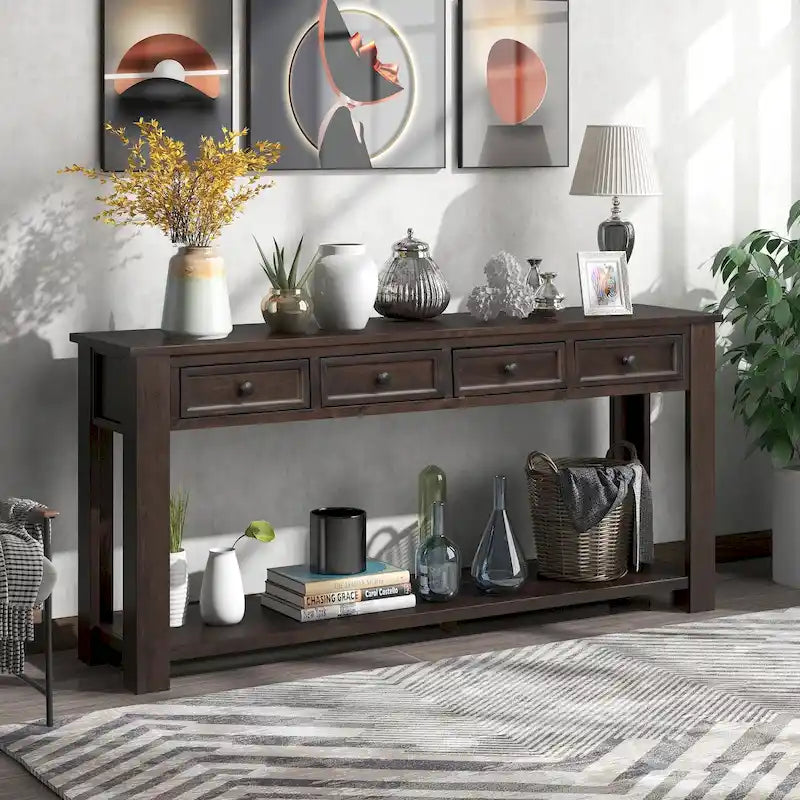Console/Table d'appoint avec tiroirs de rangement et étagère inférieure - 63L x 14W x 30H