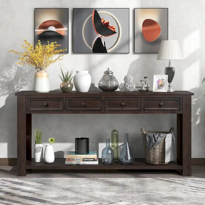 Console/Table d'appoint avec tiroirs de rangement et étagère inférieure - 63L x 14W x 30H