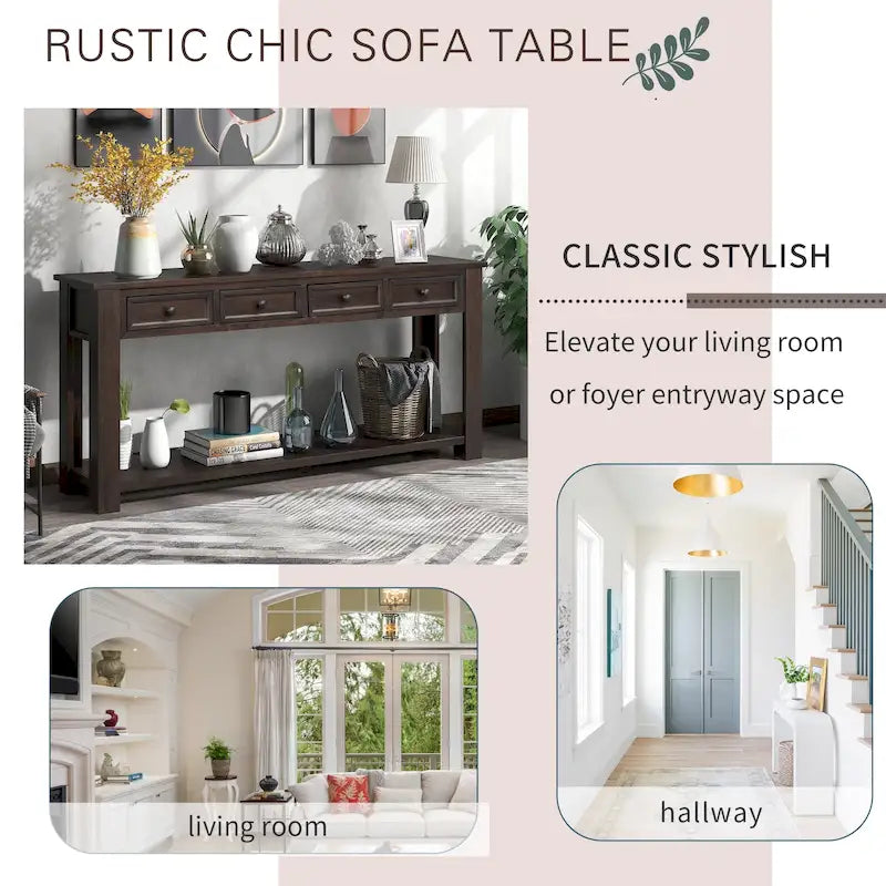 Console/Table d'appoint avec tiroirs de rangement et étagère inférieure - 63L x 14W x 30H