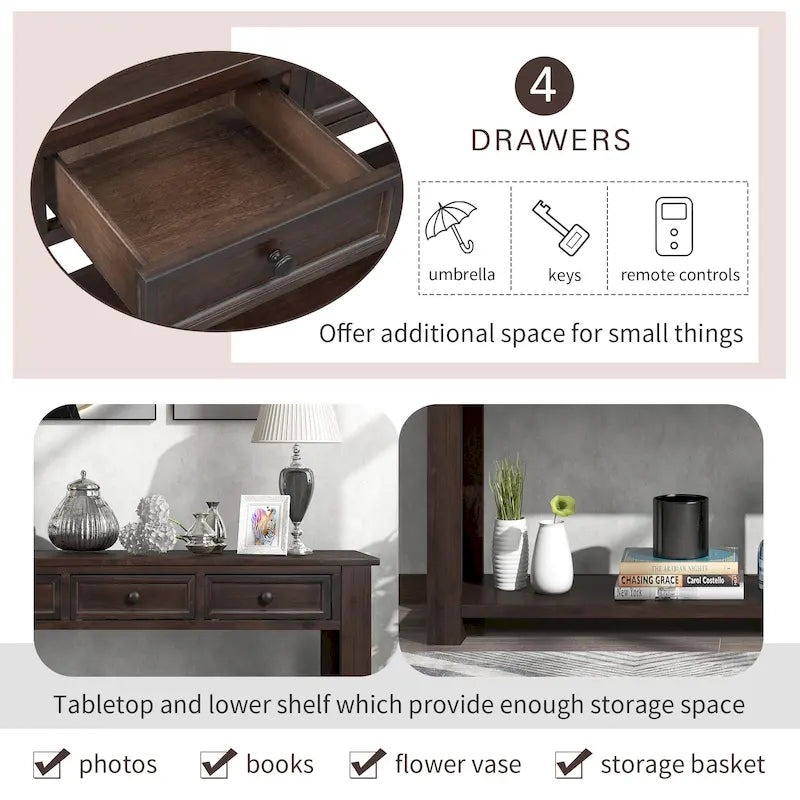 Console/Table d'appoint avec tiroirs de rangement et étagère inférieure - 63L x 14W x 30H