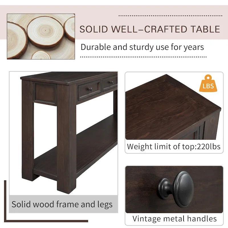 Console/Table d'appoint avec tiroirs de rangement et étagère inférieure - 63L x 14W x 30H