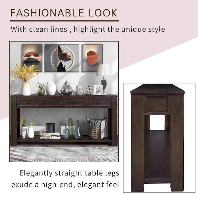 Console/Table d'appoint avec tiroirs de rangement et étagère inférieure - 63L x 14W x 30H