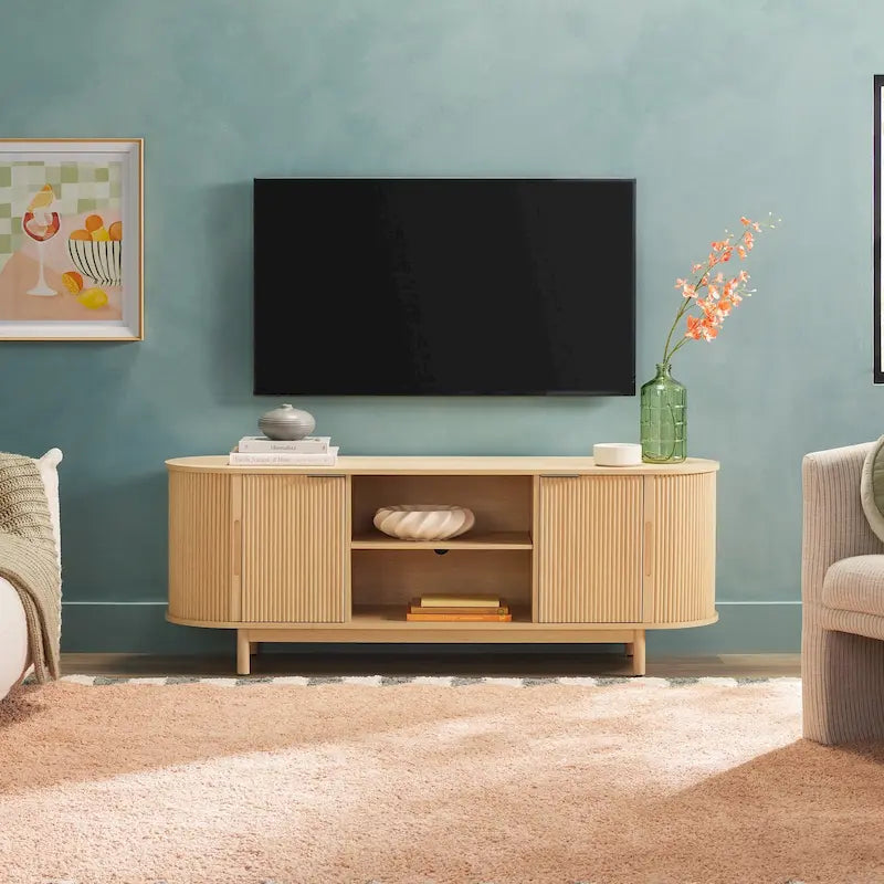 Meuble TV encastré moderne de 60 pouces avec coins arrondis.