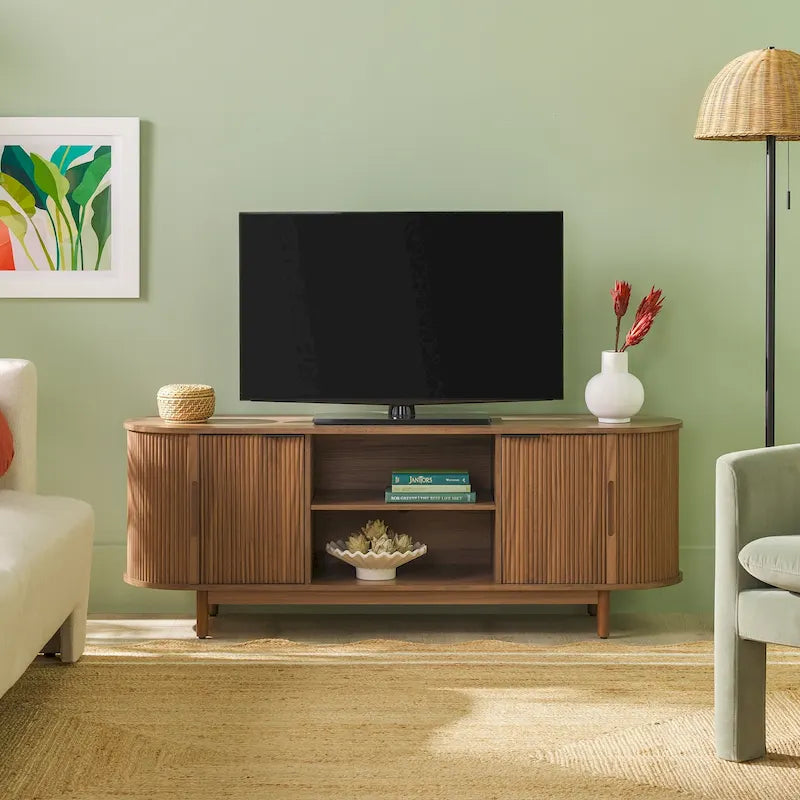Meuble TV encastré moderne de 60 pouces avec coins arrondis.